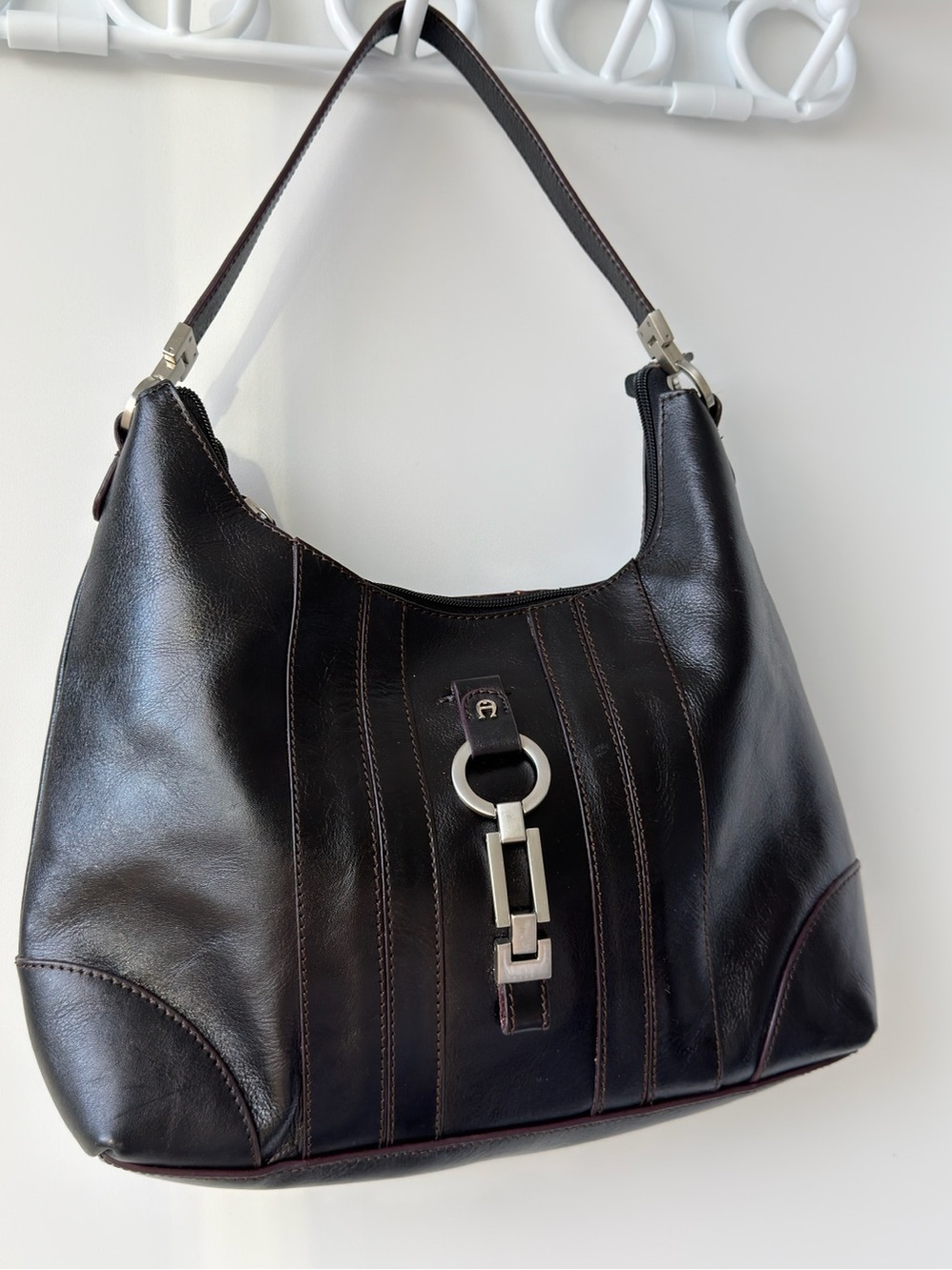 Etienne Aigner Dark Brown Leather Shoulder Bag with Silver Hardware